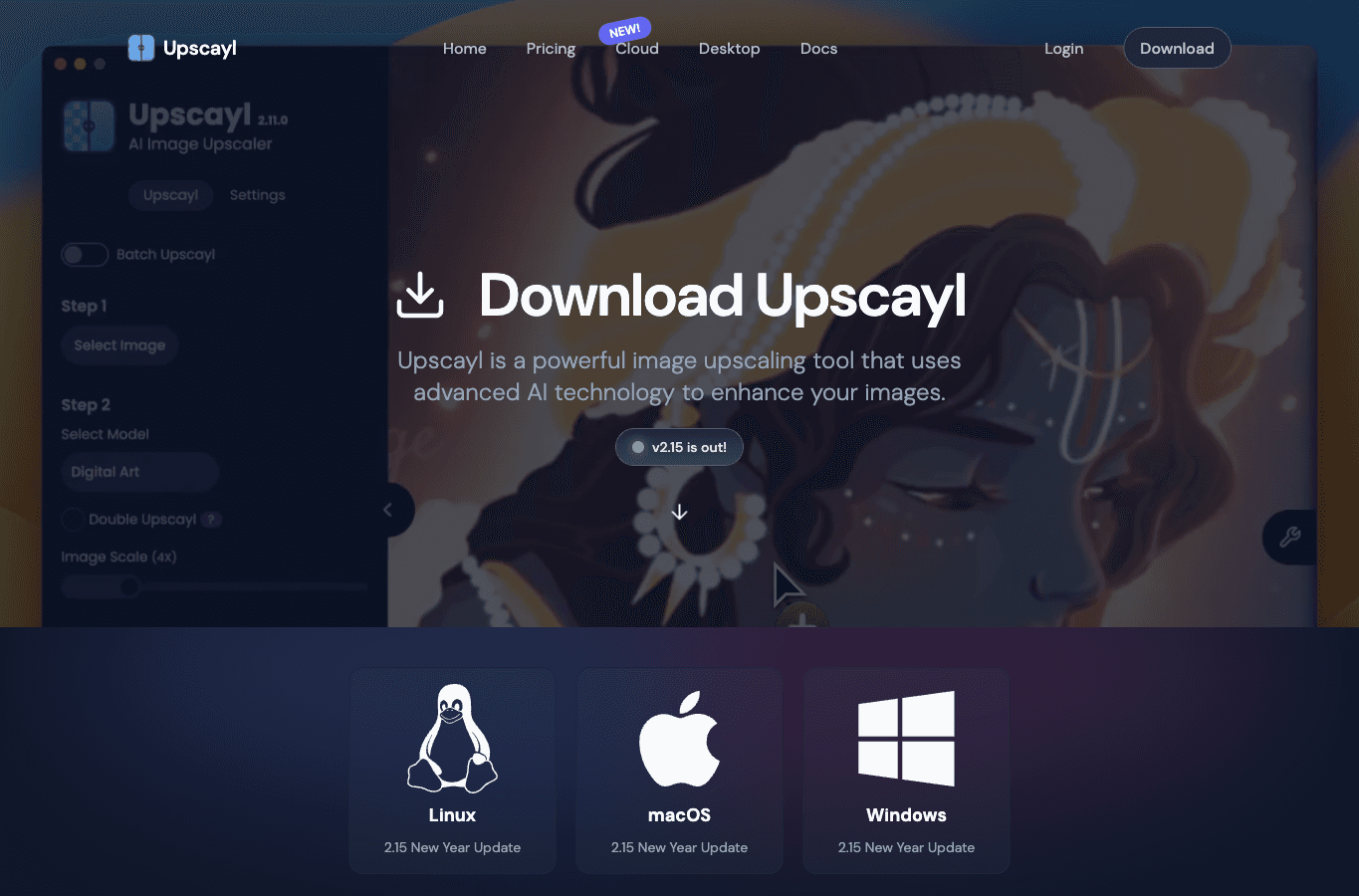 Upscayl resmî indirme sayfasında üst menü ve Download Upscayl başlığı.